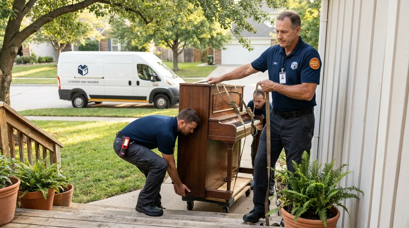 Licensed piano movers securing grand piano in New Albany, OH