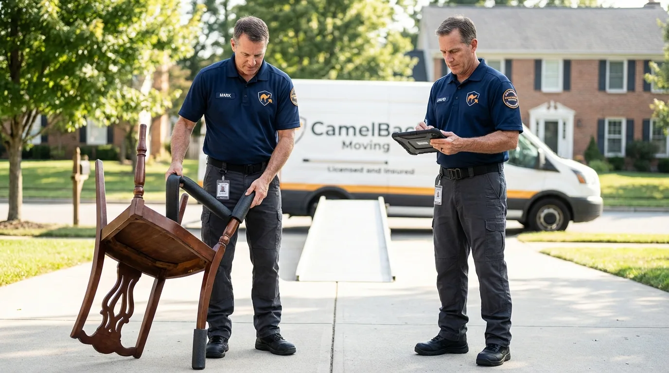 Movers inspecting furniture for damage prevention before loading in New Albany, OH