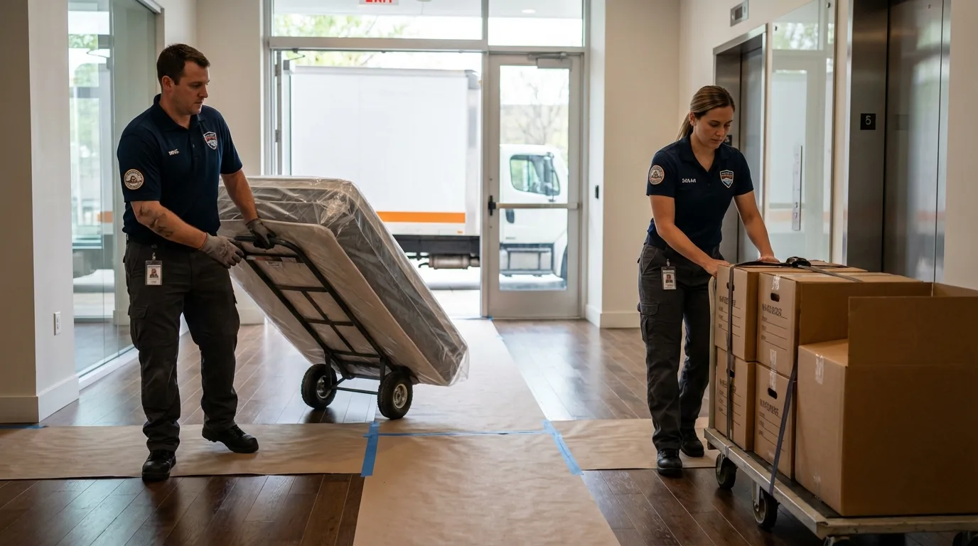 Professional apartment movers loading elevator in New Albany, OH